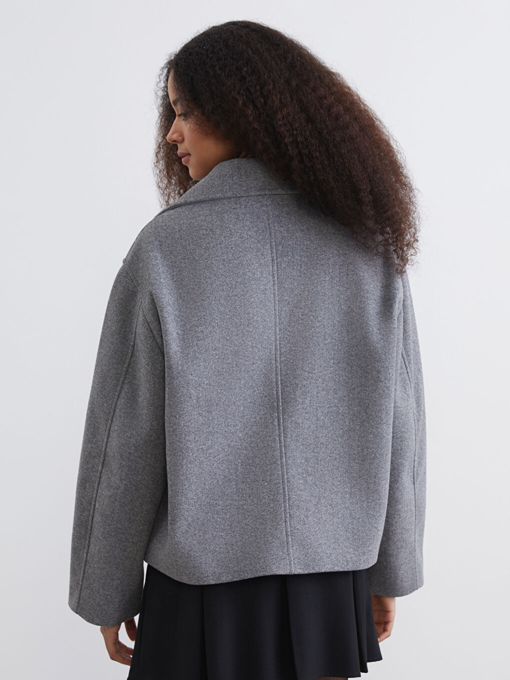 Gri Kruvaze Yaka Kadın Kaşe Ceket-4