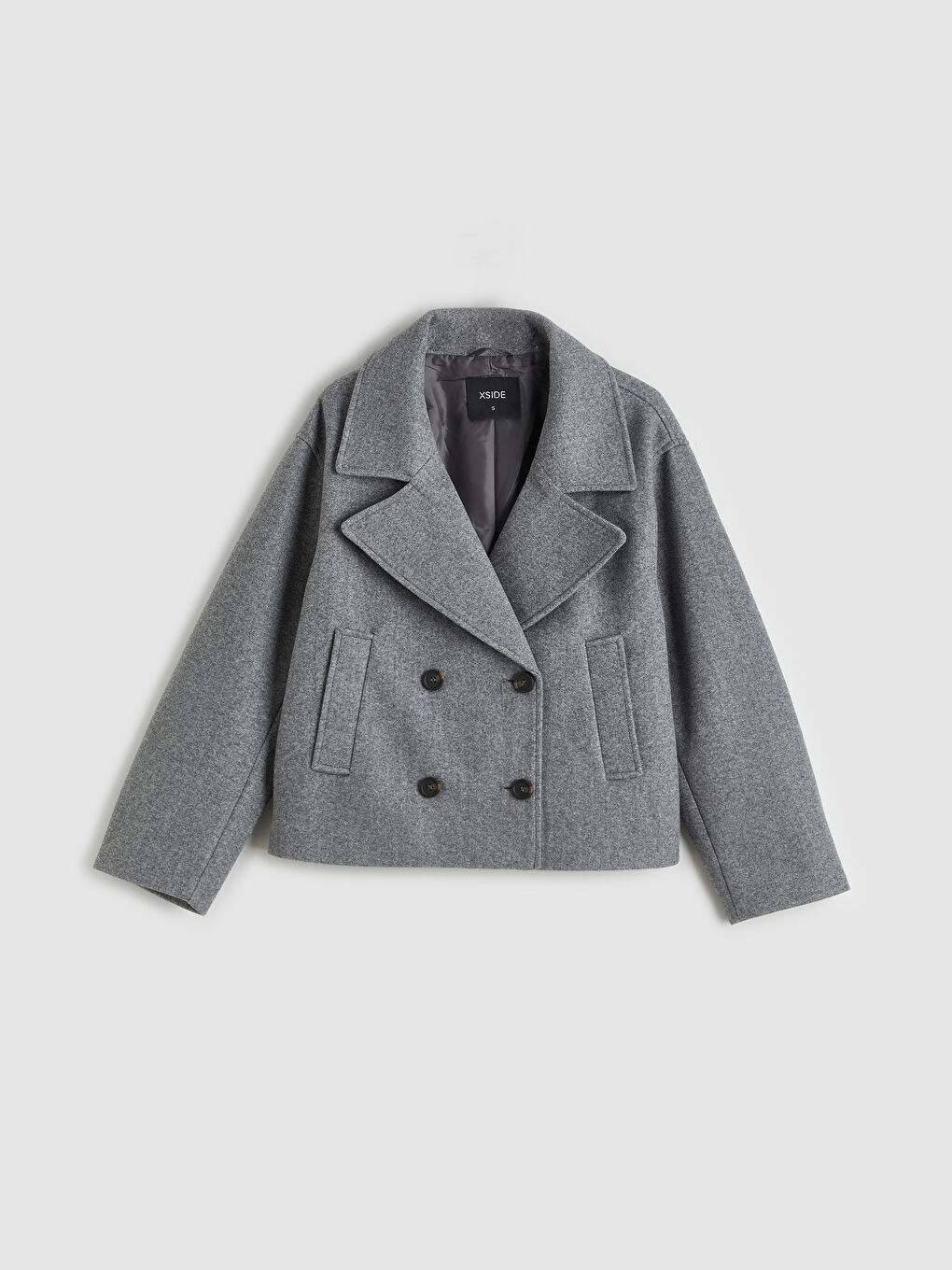 Gri Kruvaze Yaka Kadın Kaşe Ceket-5