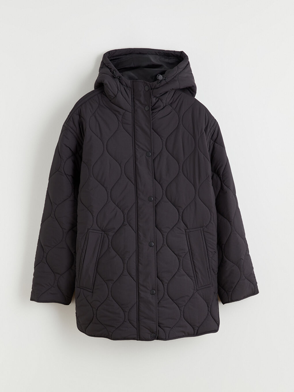 Siyah Kapüşonlu Kapitone Oversize Kadın Şişme Mont	-5