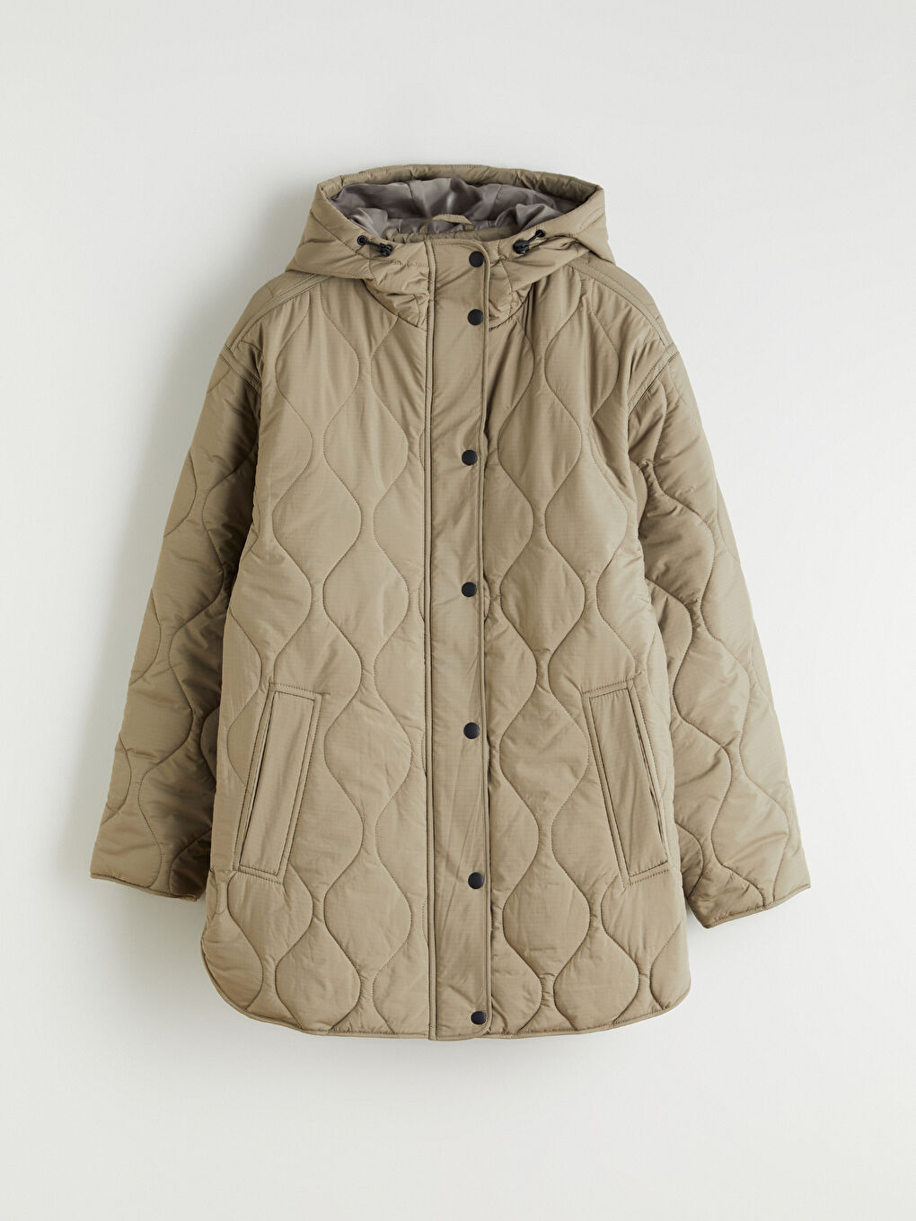 Haki Kapüşonlu Kapitone Oversize Kadın Şişme Mont	-5