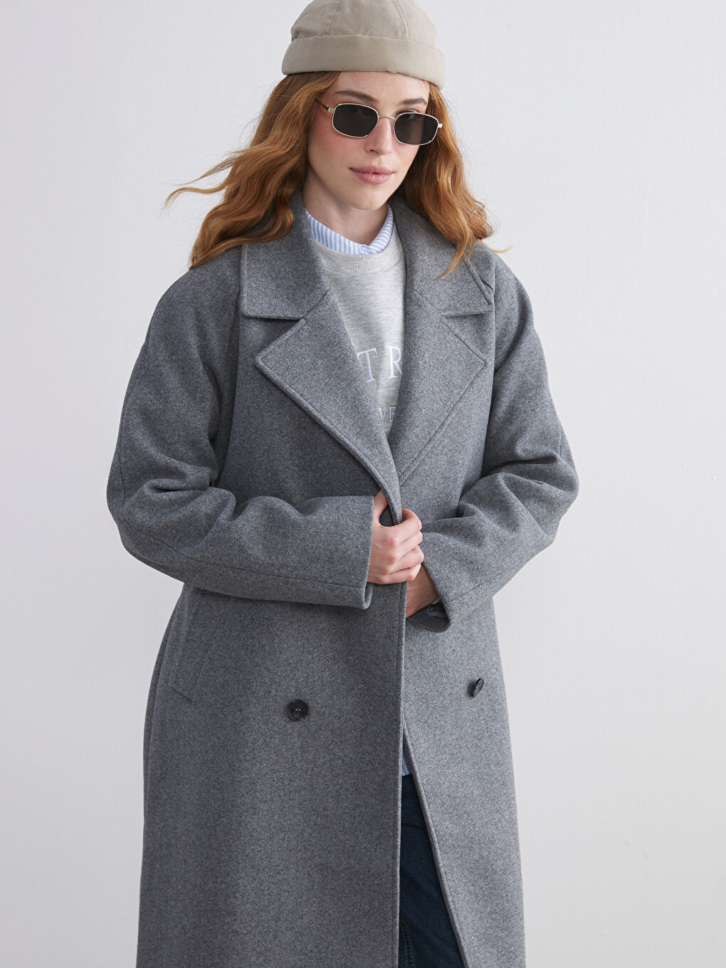 Woman GREY Wool Blended Overcoat-1