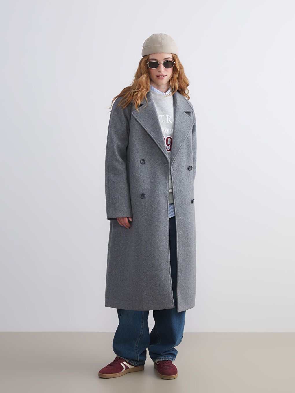 Gri Beli Kemerli Kruvaze Yaka Kadın Kaşe Kaban