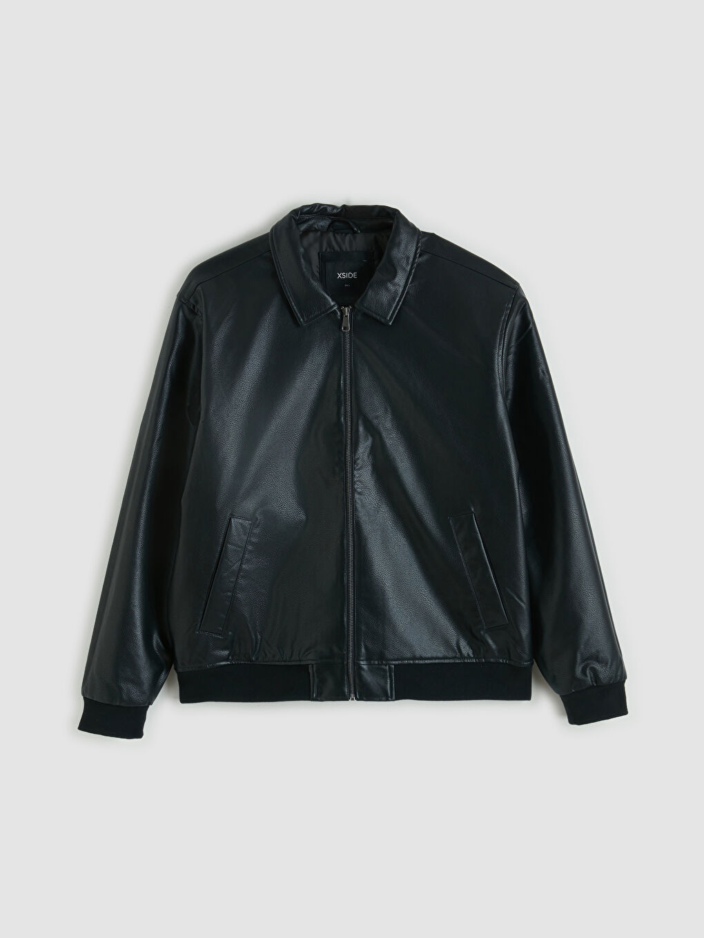 Siyah Standart Kalıp Gömlek Yaka Erkek Deri Görünümlü Mont-7