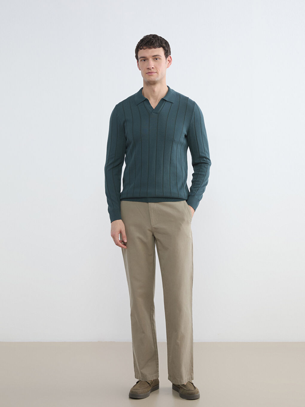 Yeşil Polo Yaka Erkek Triko Kazak-1