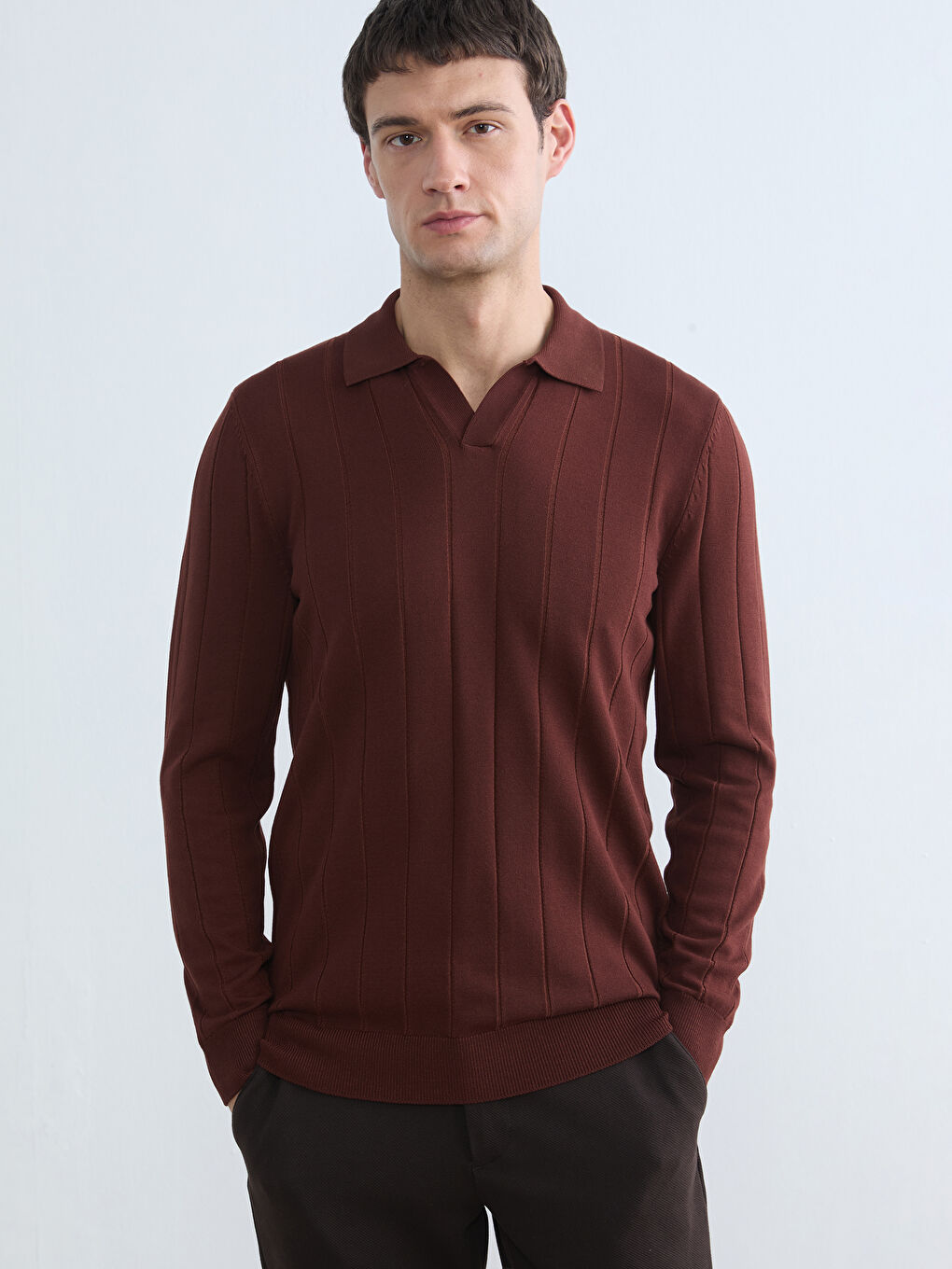 Kahverengi Polo Yaka Erkek Triko Kazak