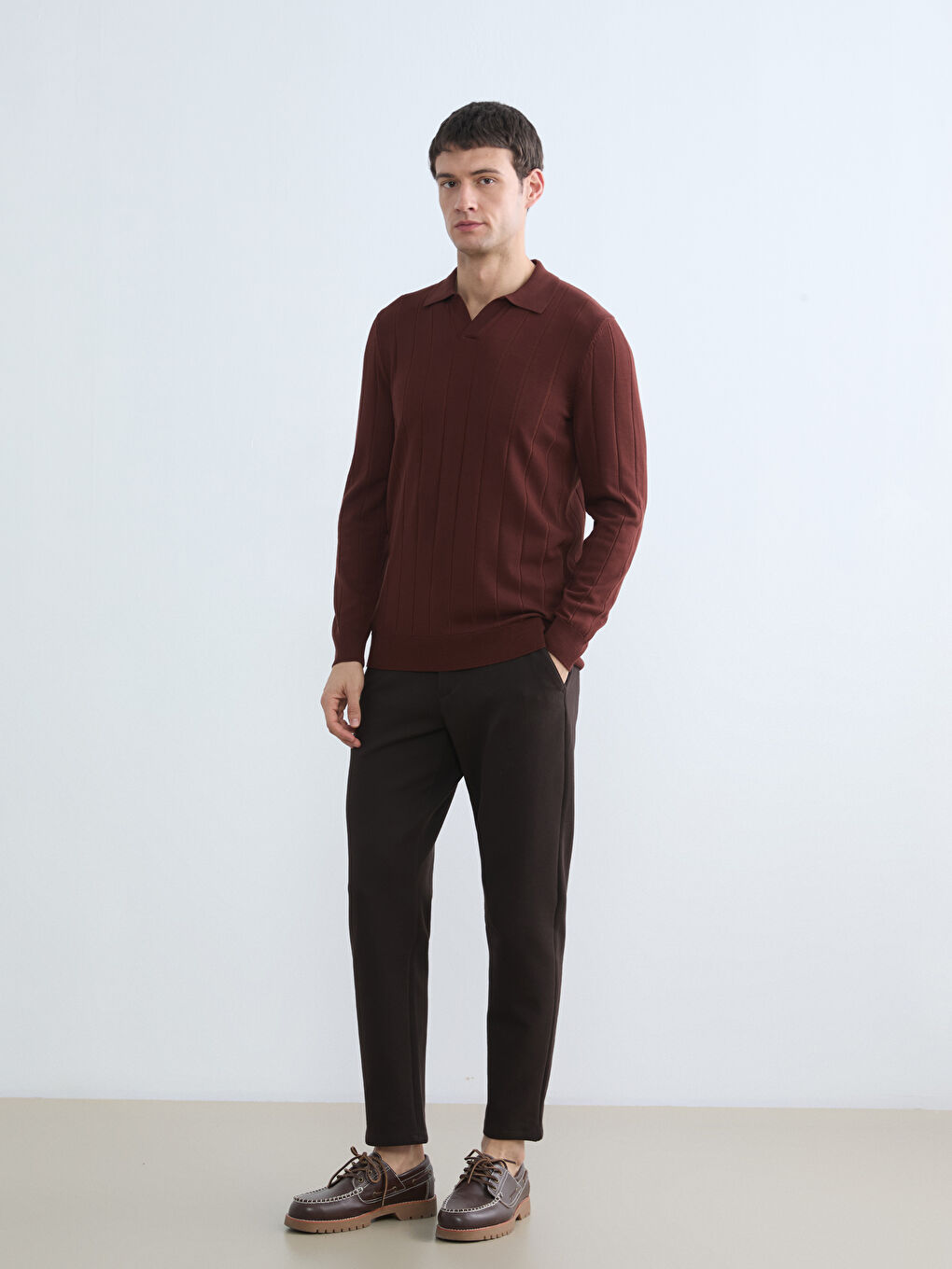 Kahverengi Polo Yaka Erkek Triko Kazak-1