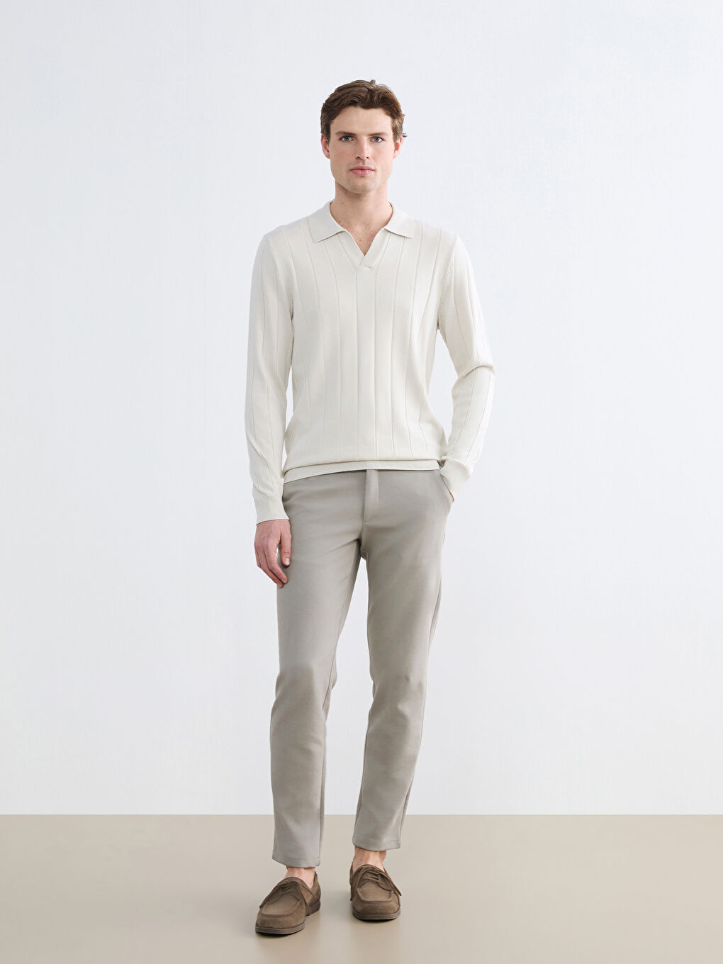 Bej Polo Yaka Erkek Triko Kazak-1