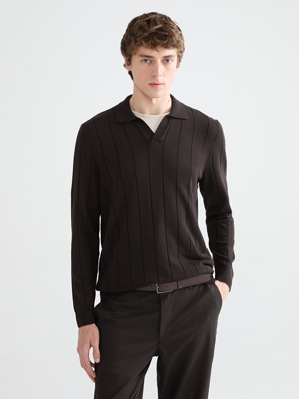 Kahverengi Polo Yaka Erkek Triko Kazak