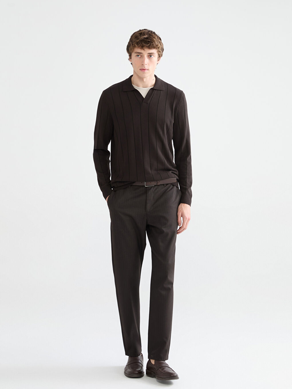 Kahverengi Polo Yaka Erkek Triko Kazak-1