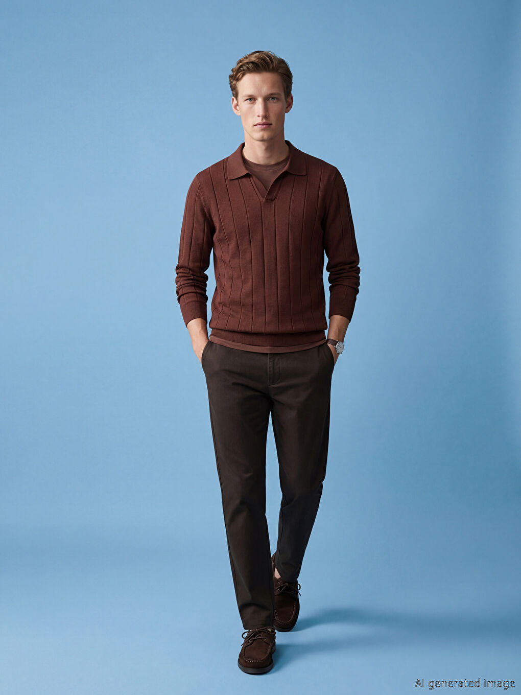 Kahverengi Polo Yaka Erkek Triko Kazak-1