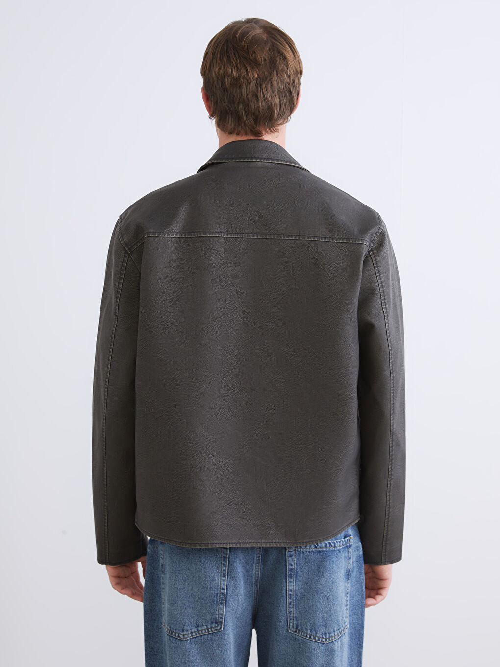 Siyah Standart Kalıp Erkek Deri Görünümlü Mont-4