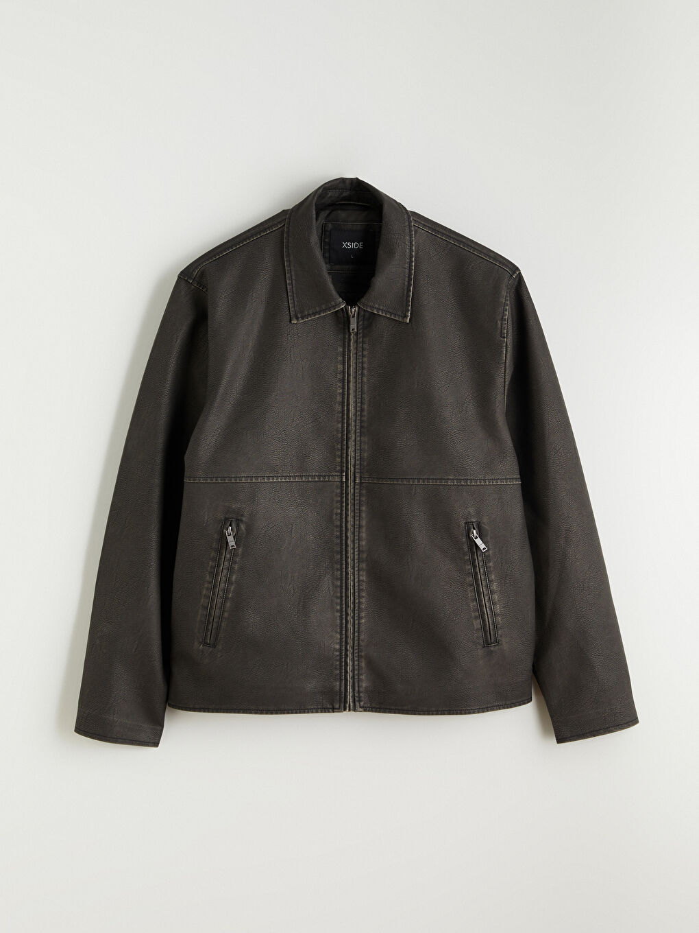 Siyah Standart Kalıp Erkek Deri Görünümlü Mont-5