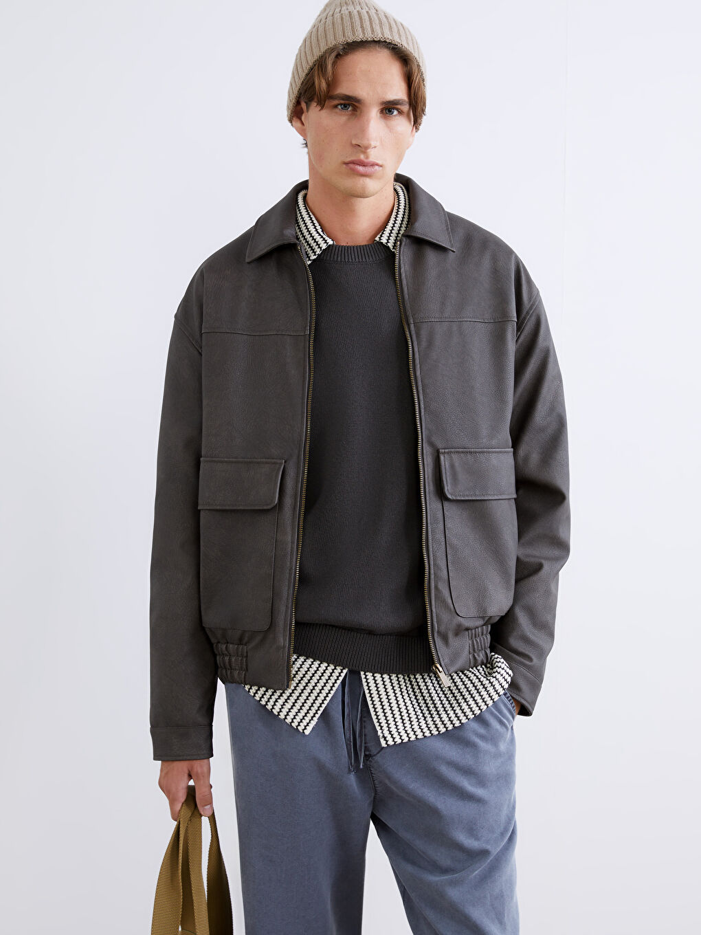 Kahverengi Standart Kalıp Erkek Deri Görünümlü Mont