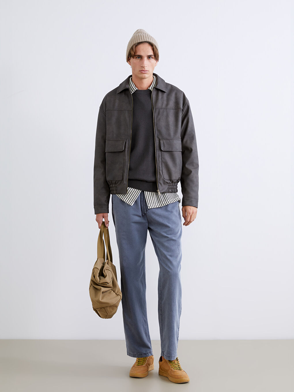 Kahverengi Standart Kalıp Erkek Deri Görünümlü Mont-1