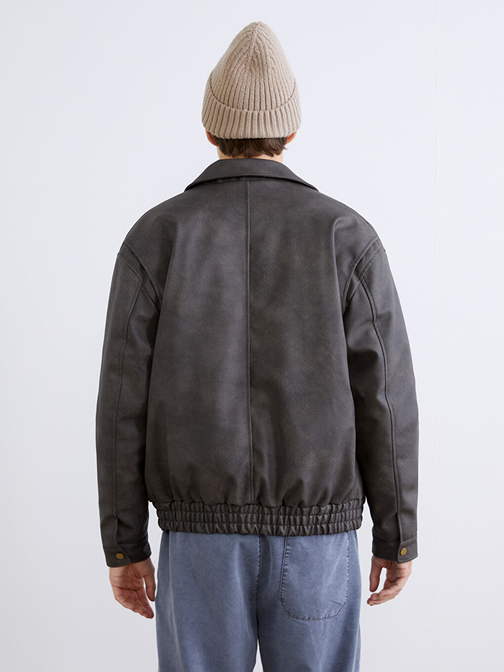 Kahverengi Standart Kalıp Erkek Deri Görünümlü Mont-4