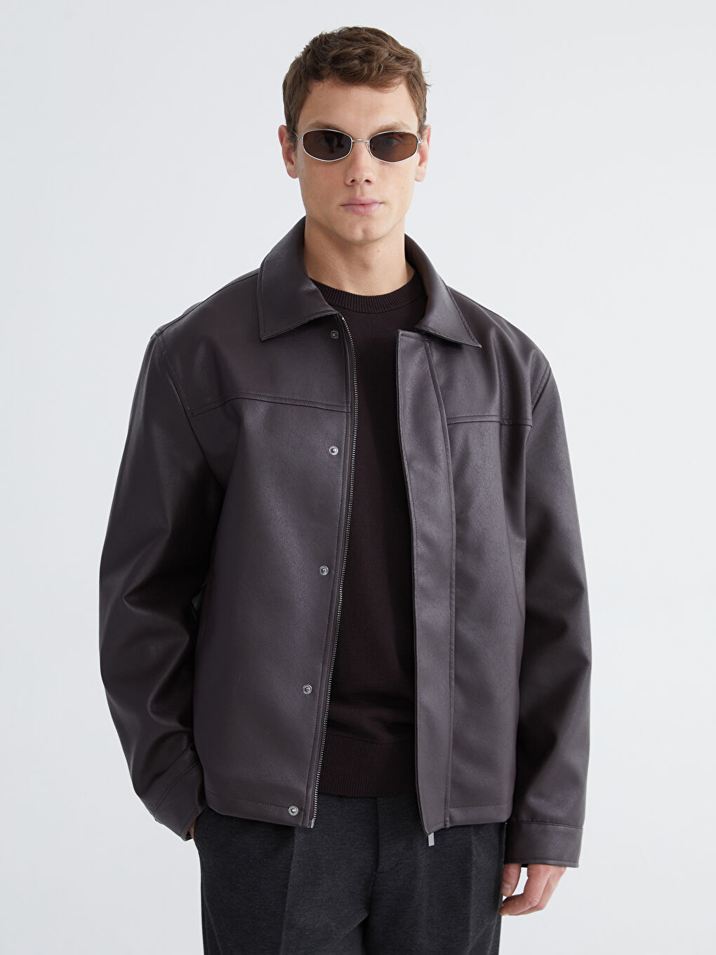 Kahverengi Standart Kalıp Erkek Deri Görünümlü Mont-2