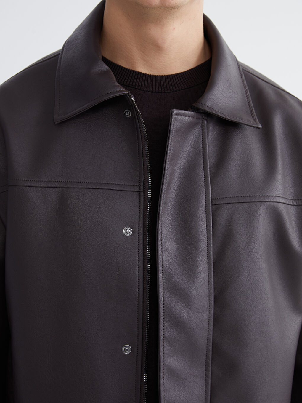 Kahverengi Standart Kalıp Erkek Deri Görünümlü Mont-5