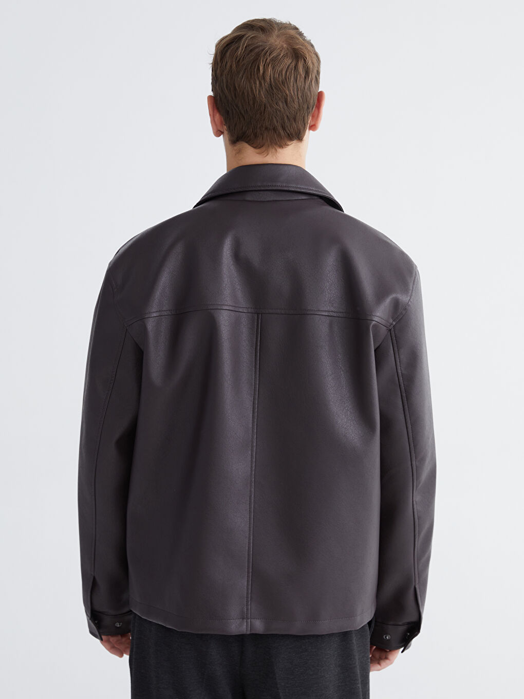 Kahverengi Standart Kalıp Erkek Deri Görünümlü Mont-6