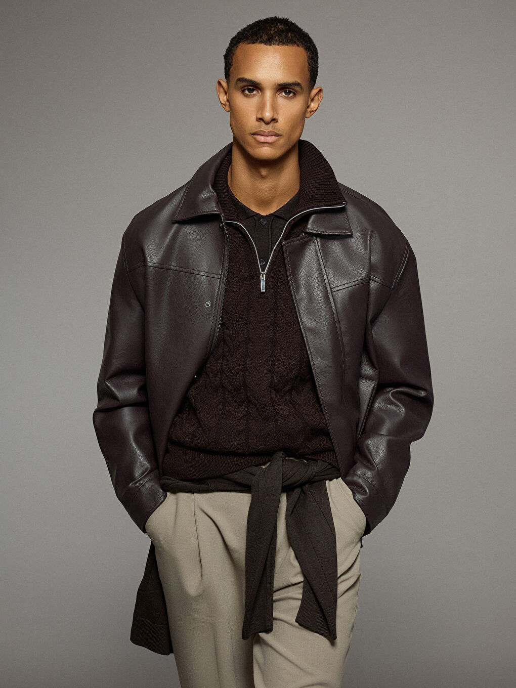 Kahverengi Standart Kalıp Erkek Deri Görünümlü Mont-1