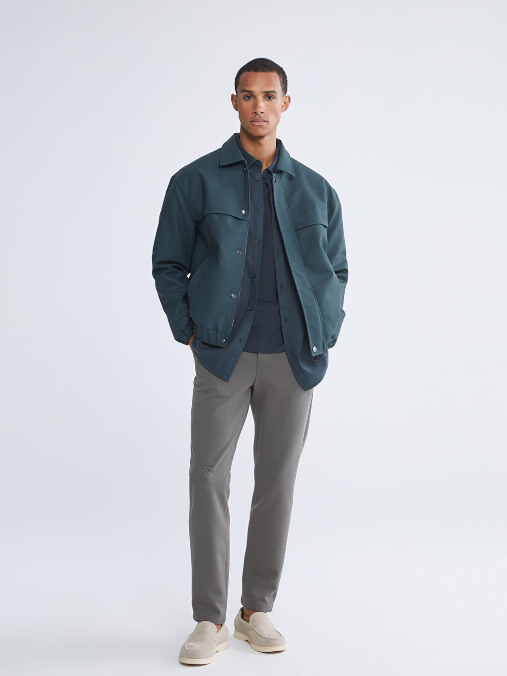 Petrol Rahat Kalıp Gömlek Yaka Erkek Deri Görünümlü Mont-1