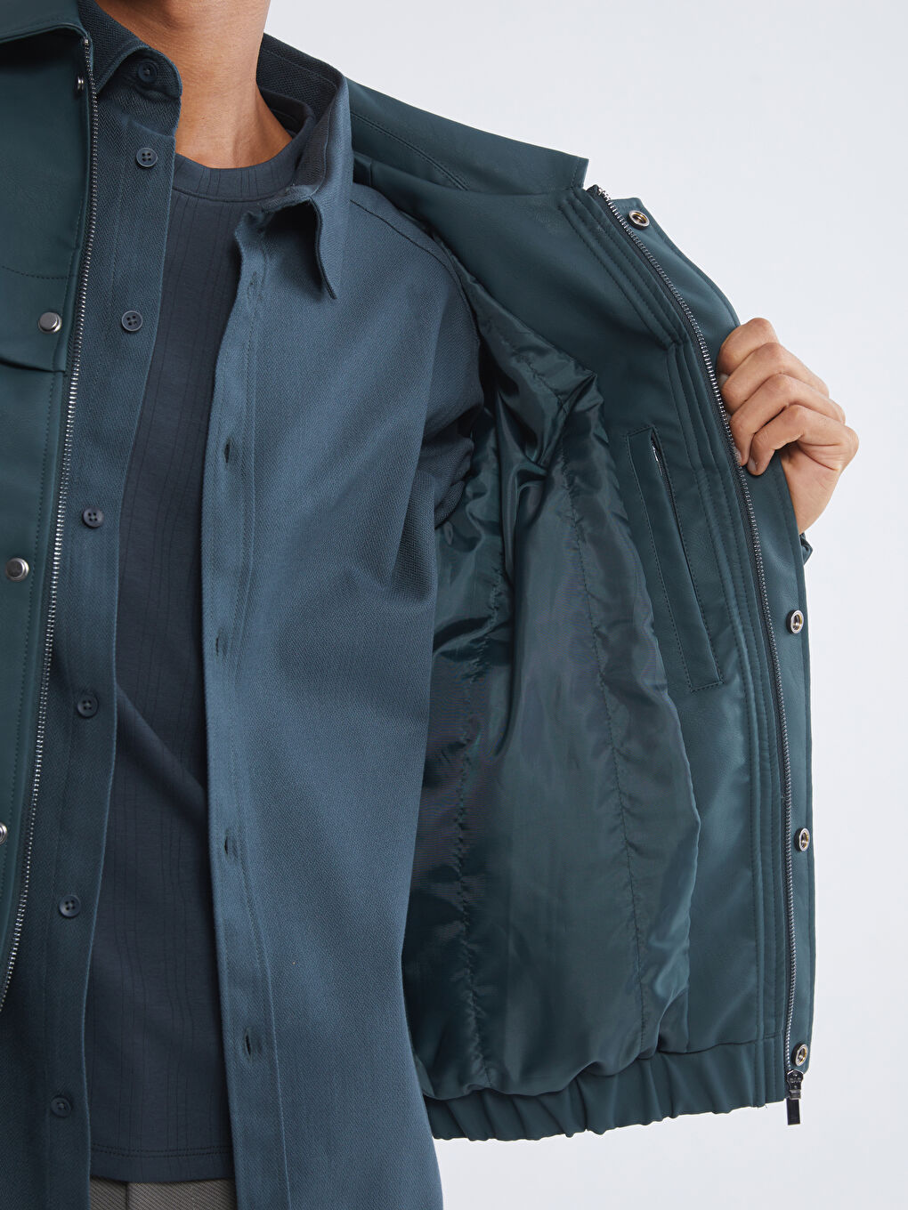 Petrol Rahat Kalıp Gömlek Yaka Erkek Deri Görünümlü Mont-2