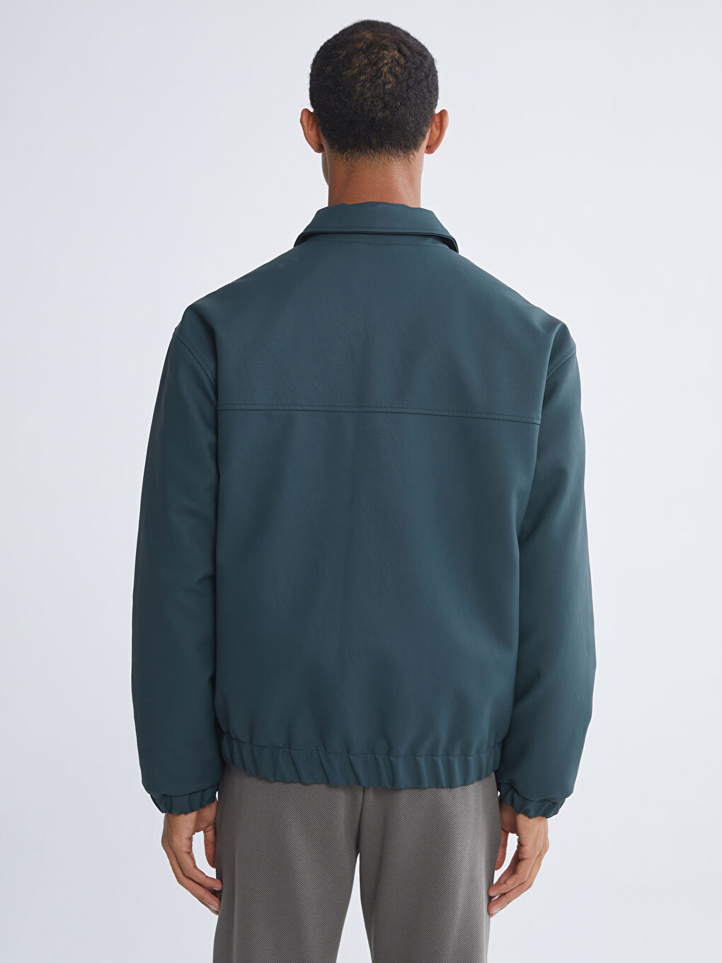 Petrol Rahat Kalıp Gömlek Yaka Erkek Deri Görünümlü Mont-4