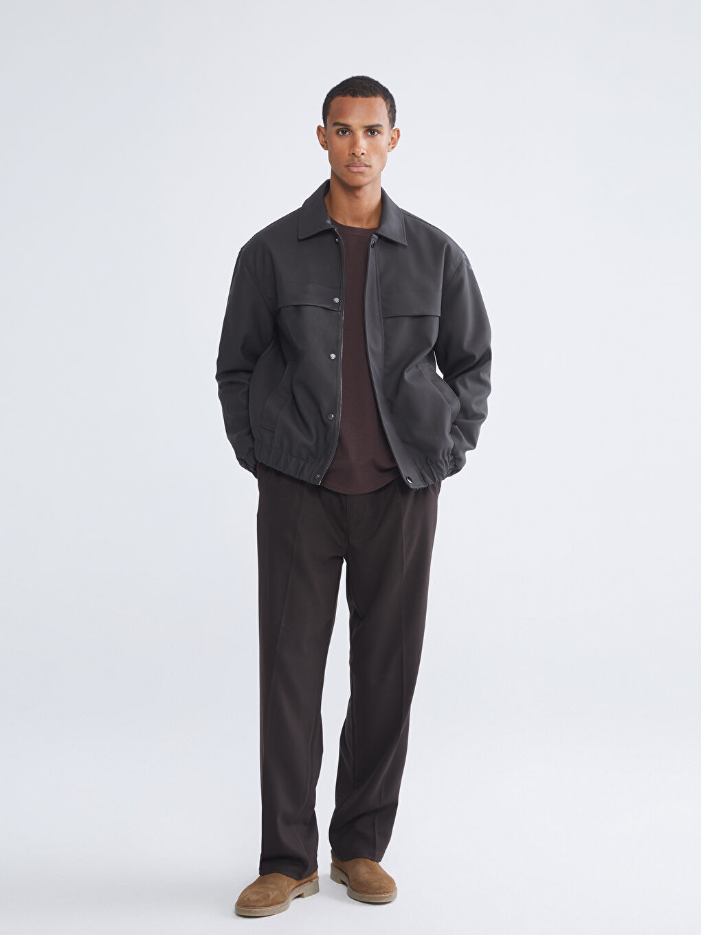 Kahverengi Rahat Kalıp Gömlek Yaka Erkek Deri Görünümlü Mont-1