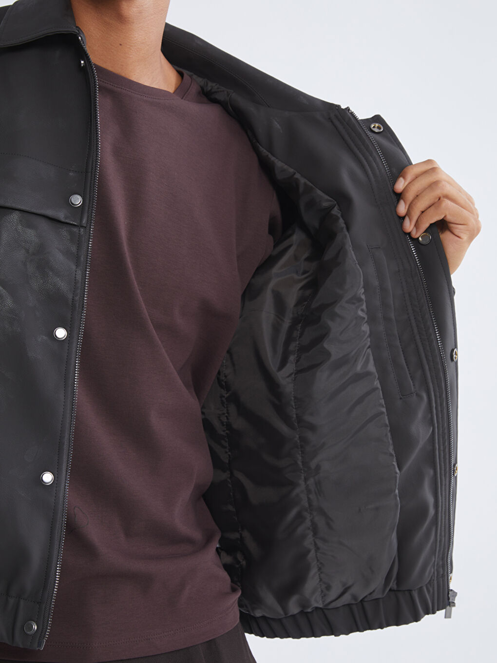 Kahverengi Rahat Kalıp Gömlek Yaka Erkek Deri Görünümlü Mont-2