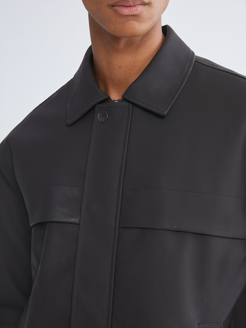 Kahverengi Rahat Kalıp Gömlek Yaka Erkek Deri Görünümlü Mont-3