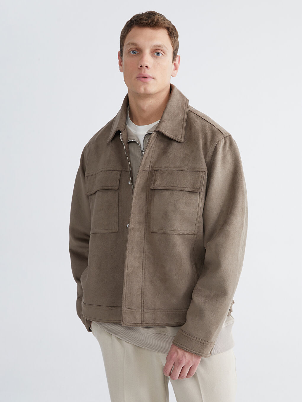 Relaxed-Fit Suede Jacket with Lapel Collar-2