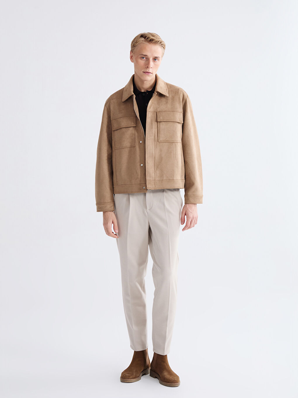 Sarı Rahat Kalıp Ceket Yaka Süet Erkek Mont-1