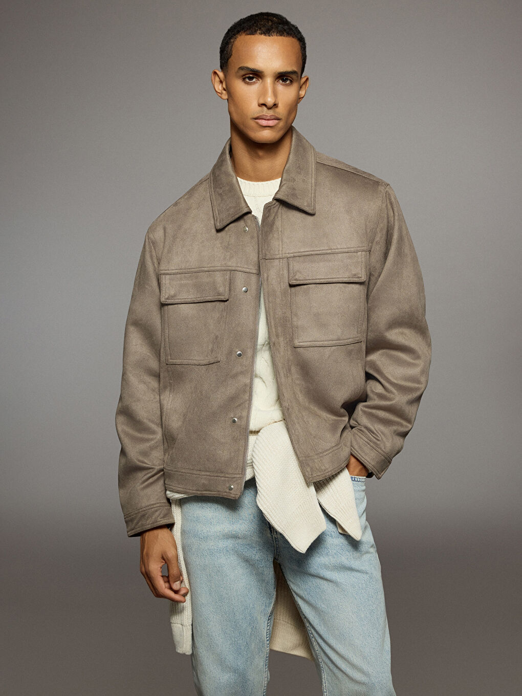 Relaxed-Fit Suede Jacket with Lapel Collar