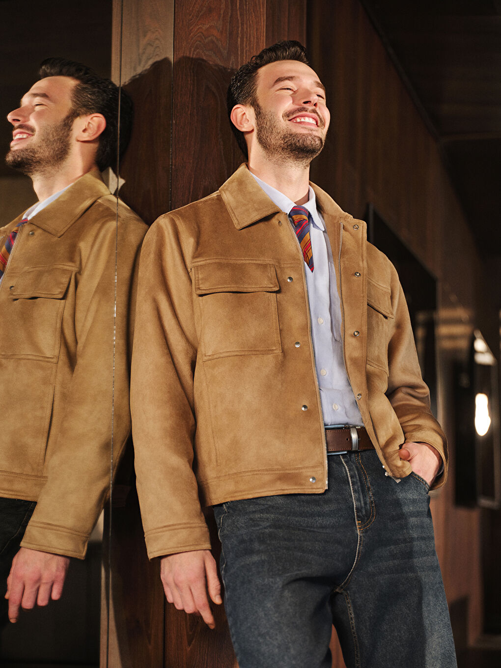 Sarı Rahat Kalıp Ceket Yaka Süet Erkek Mont