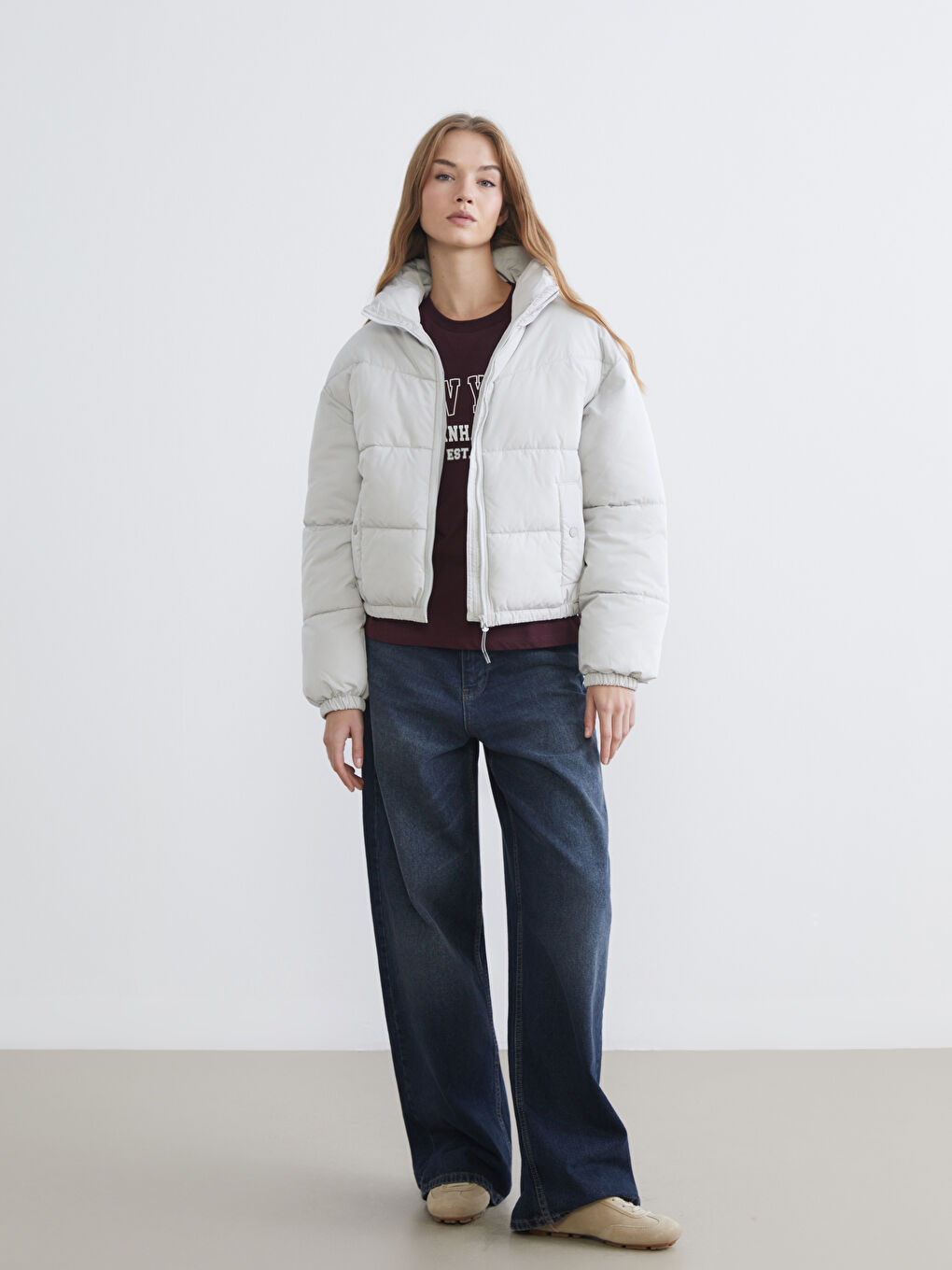 Gri Dik Yaka Kadın Şişme Mont-1