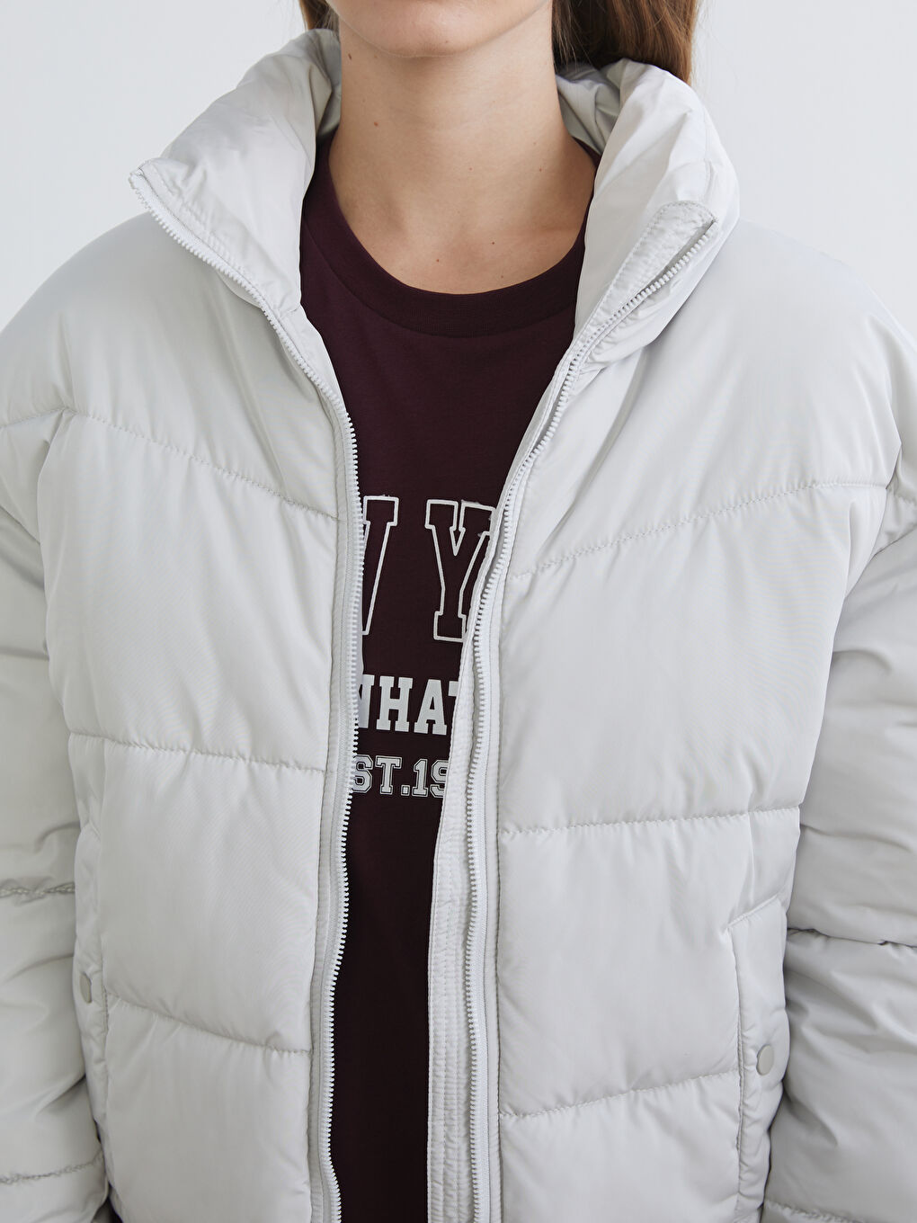 Gri Dik Yaka Kadın Şişme Mont-2