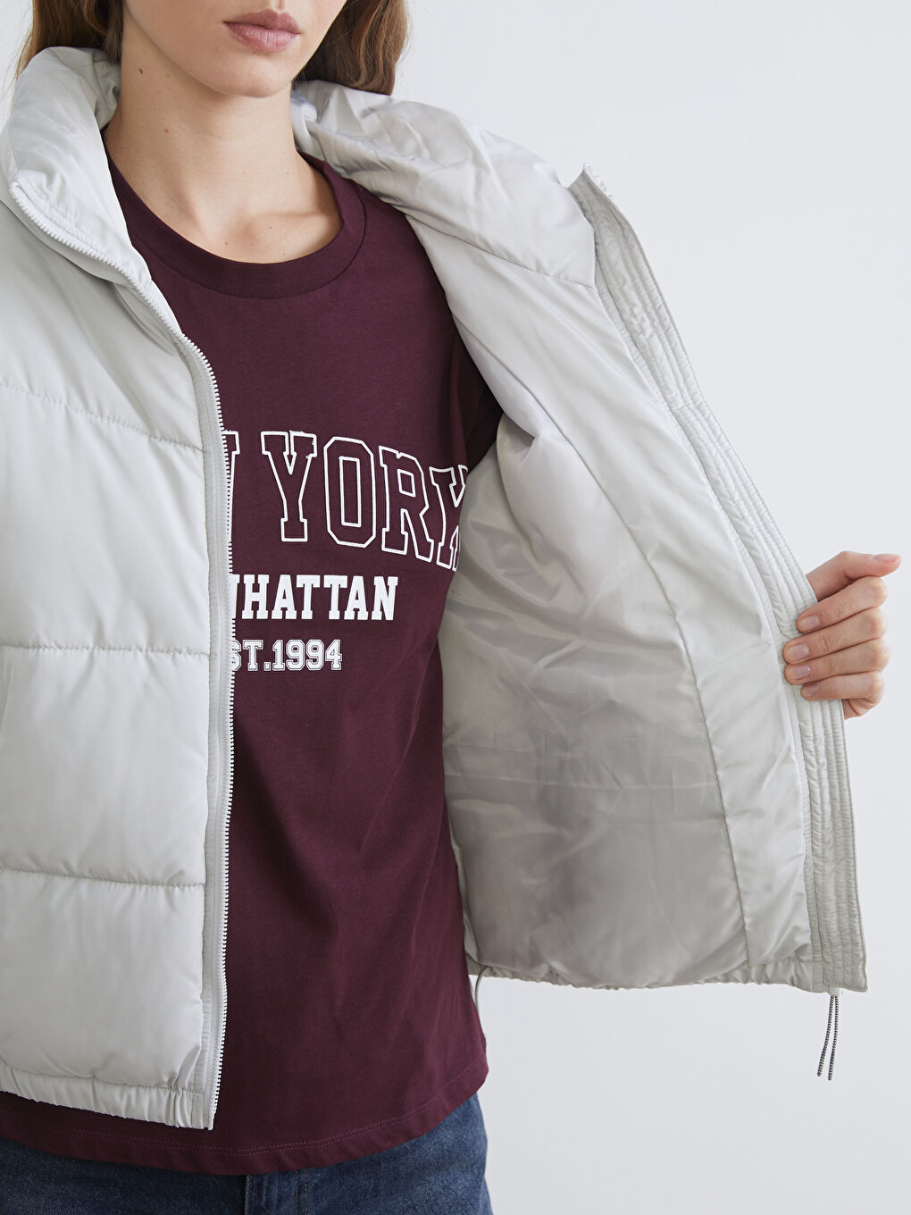 Gri Dik Yaka Kadın Şişme Mont-3