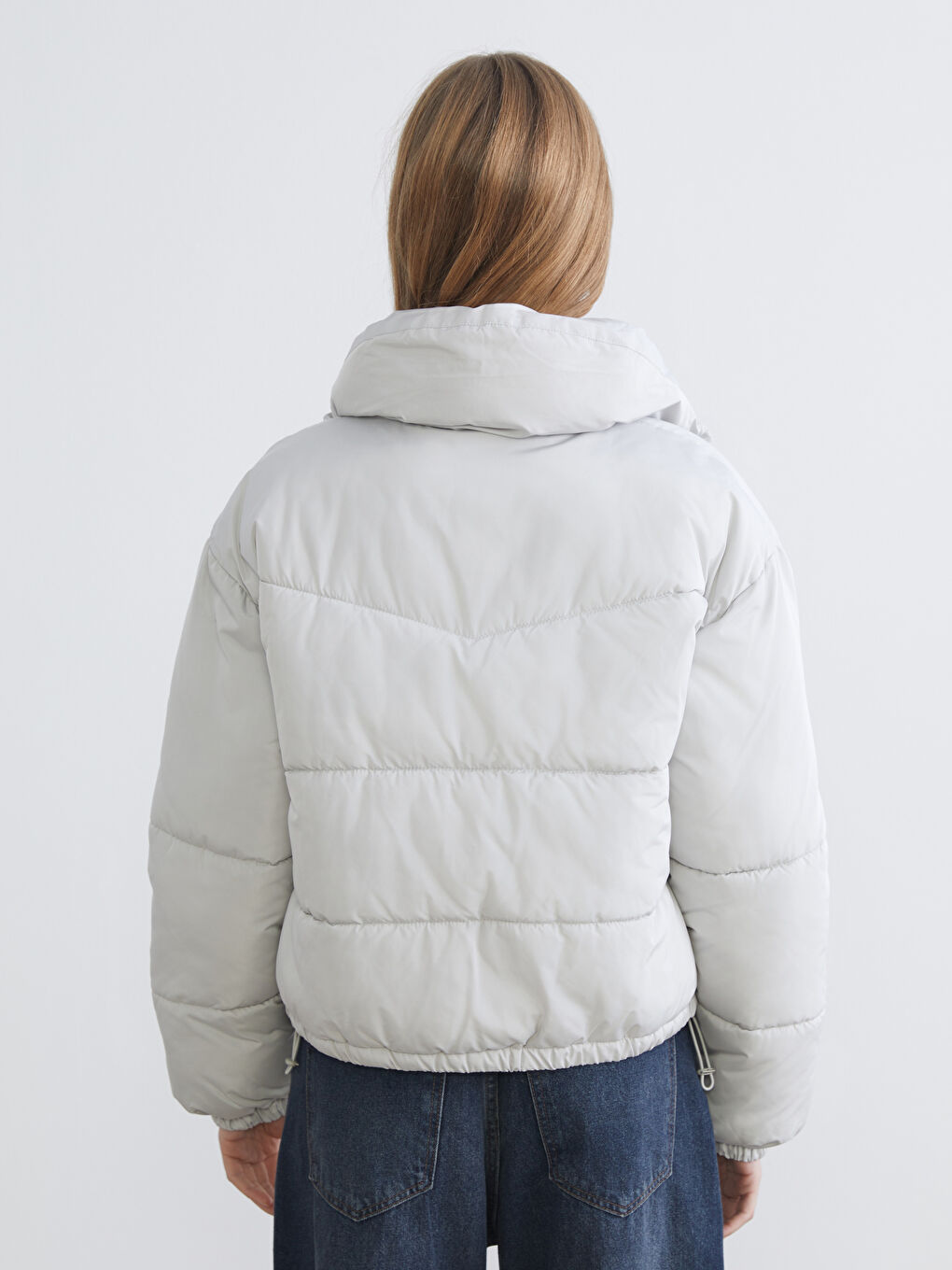 Gri Dik Yaka Kadın Şişme Mont-4