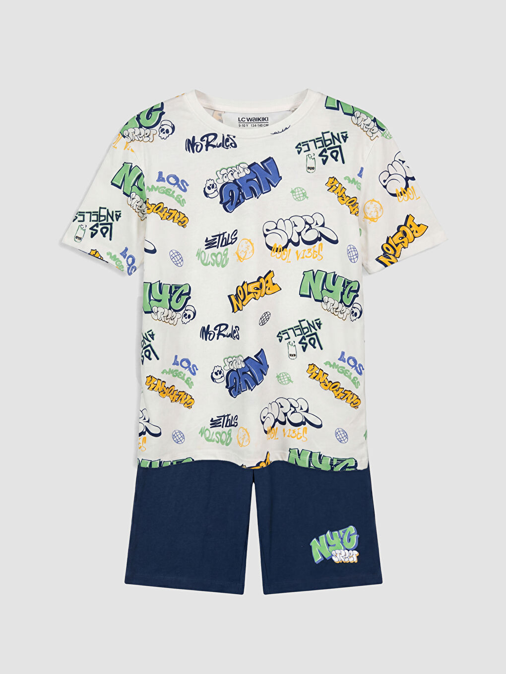 Ekru Bisiklet Yaka Erkek Çocuk Şortlu Pijama Takımı