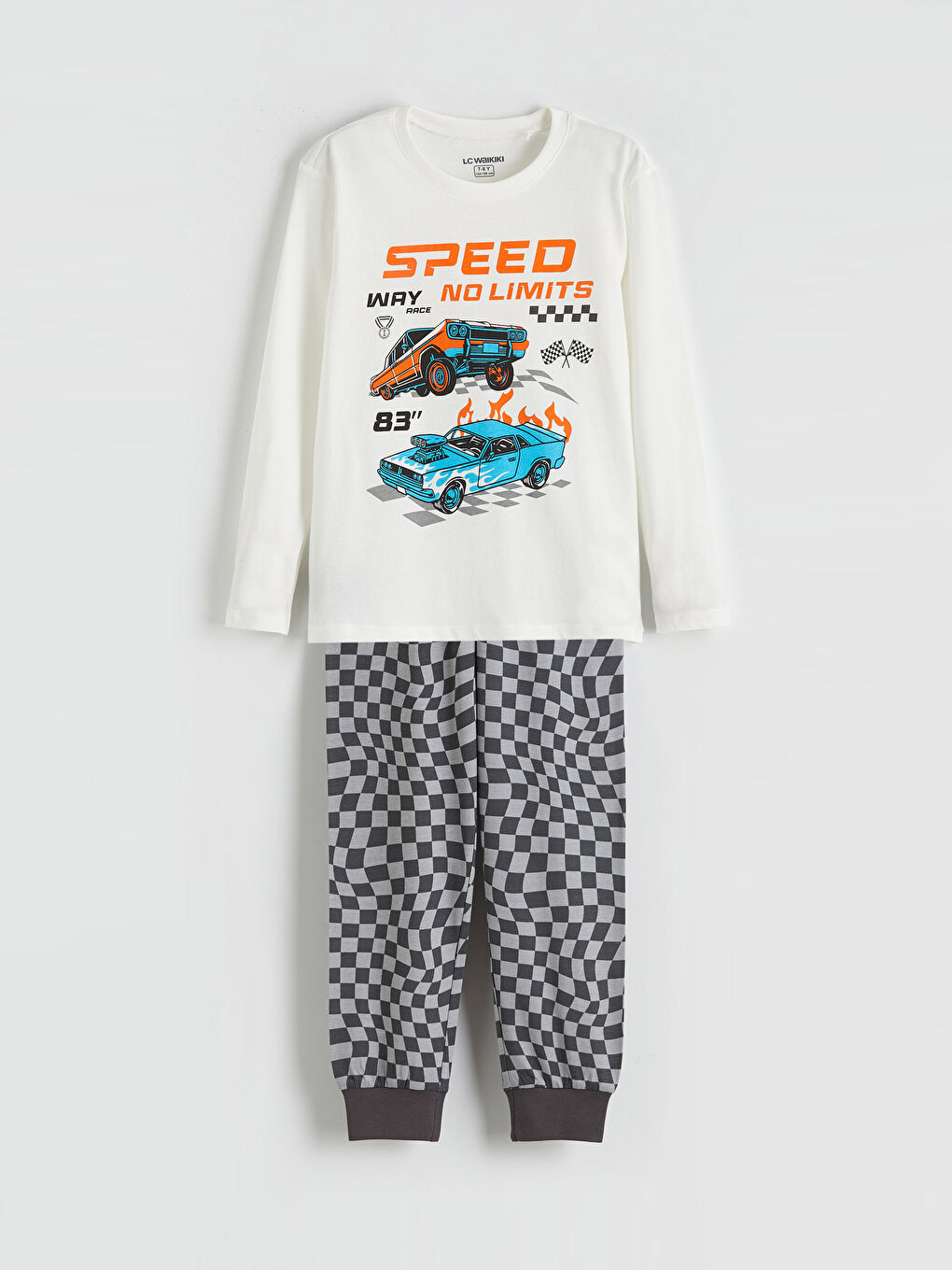 Ekru Bisiklet Yaka Baskılı Erkek Çocuk Pijama Takımı