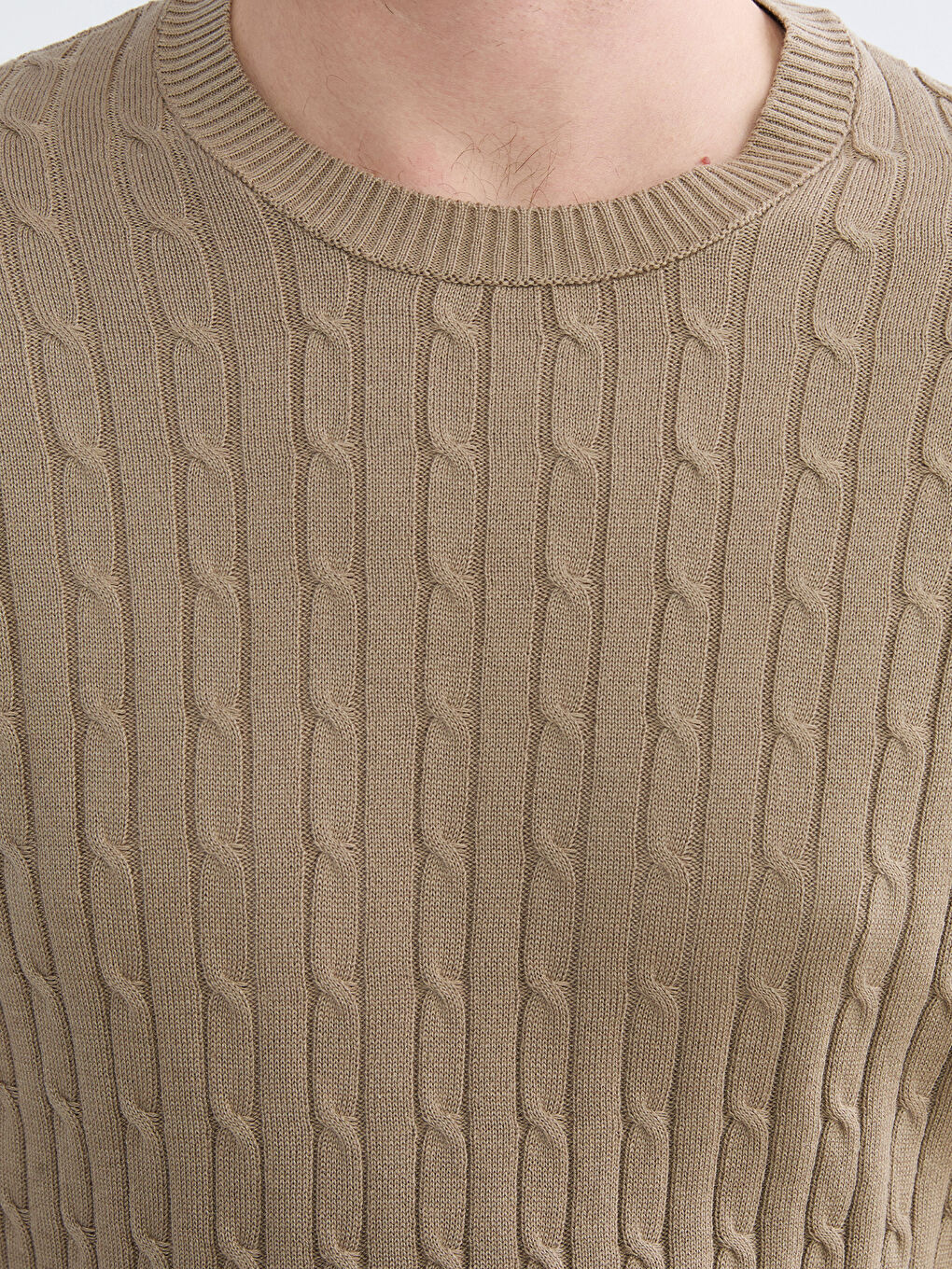 Bej Bisiklet Yaka Saç Örgüsü Erkek Triko Kazak-2