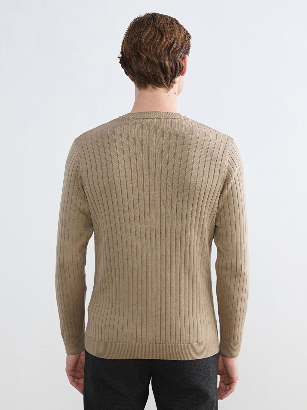 Bej Bisiklet Yaka Saç Örgüsü Erkek Triko Kazak-3
