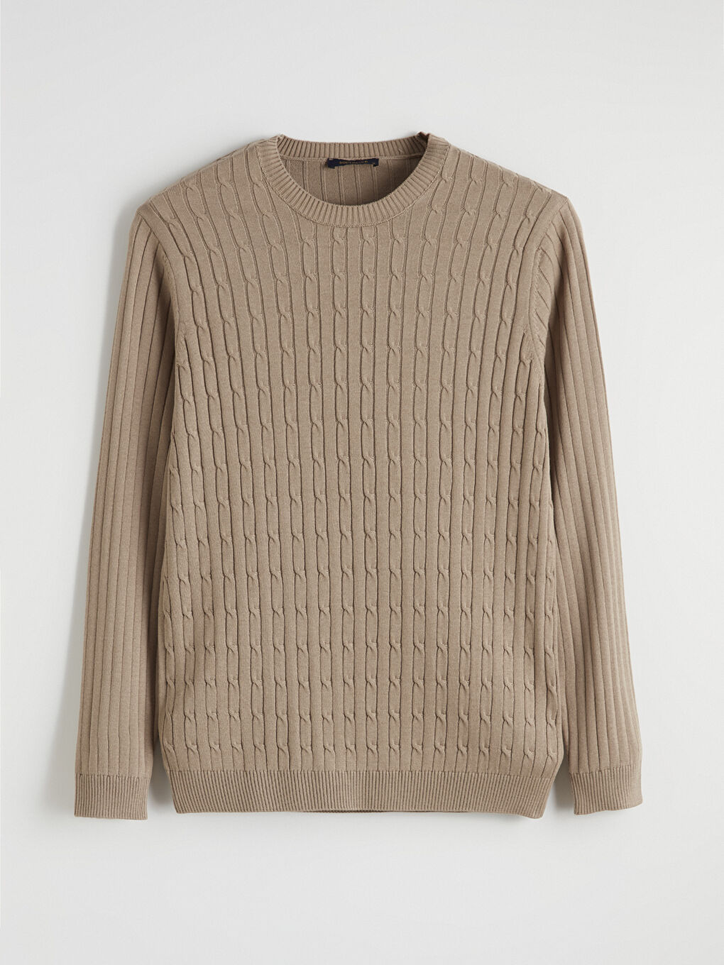 Bej Bisiklet Yaka Saç Örgüsü Erkek Triko Kazak-4