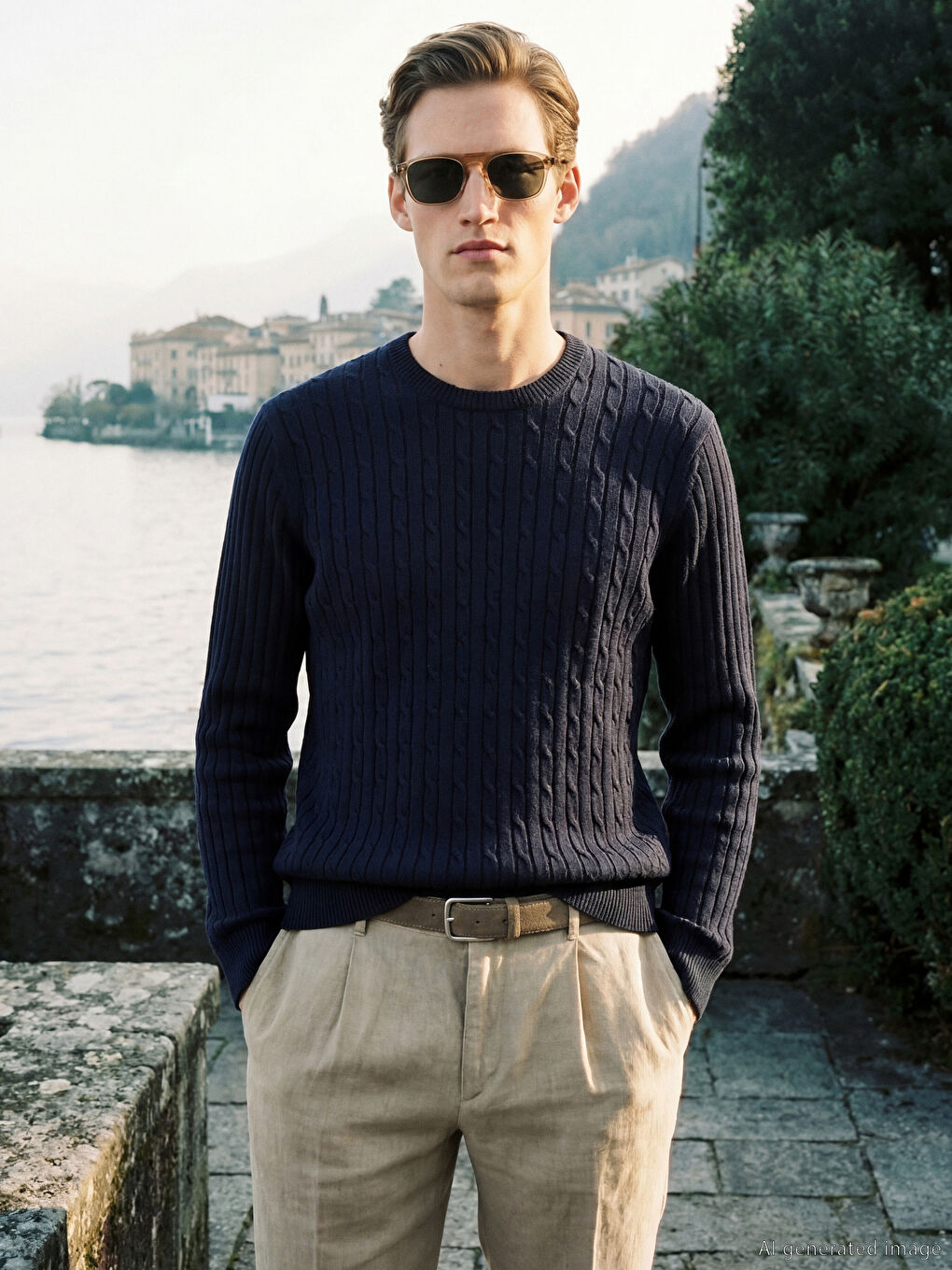 Lacivert Bisiklet Yaka Saç Örgüsü Erkek Triko Kazak