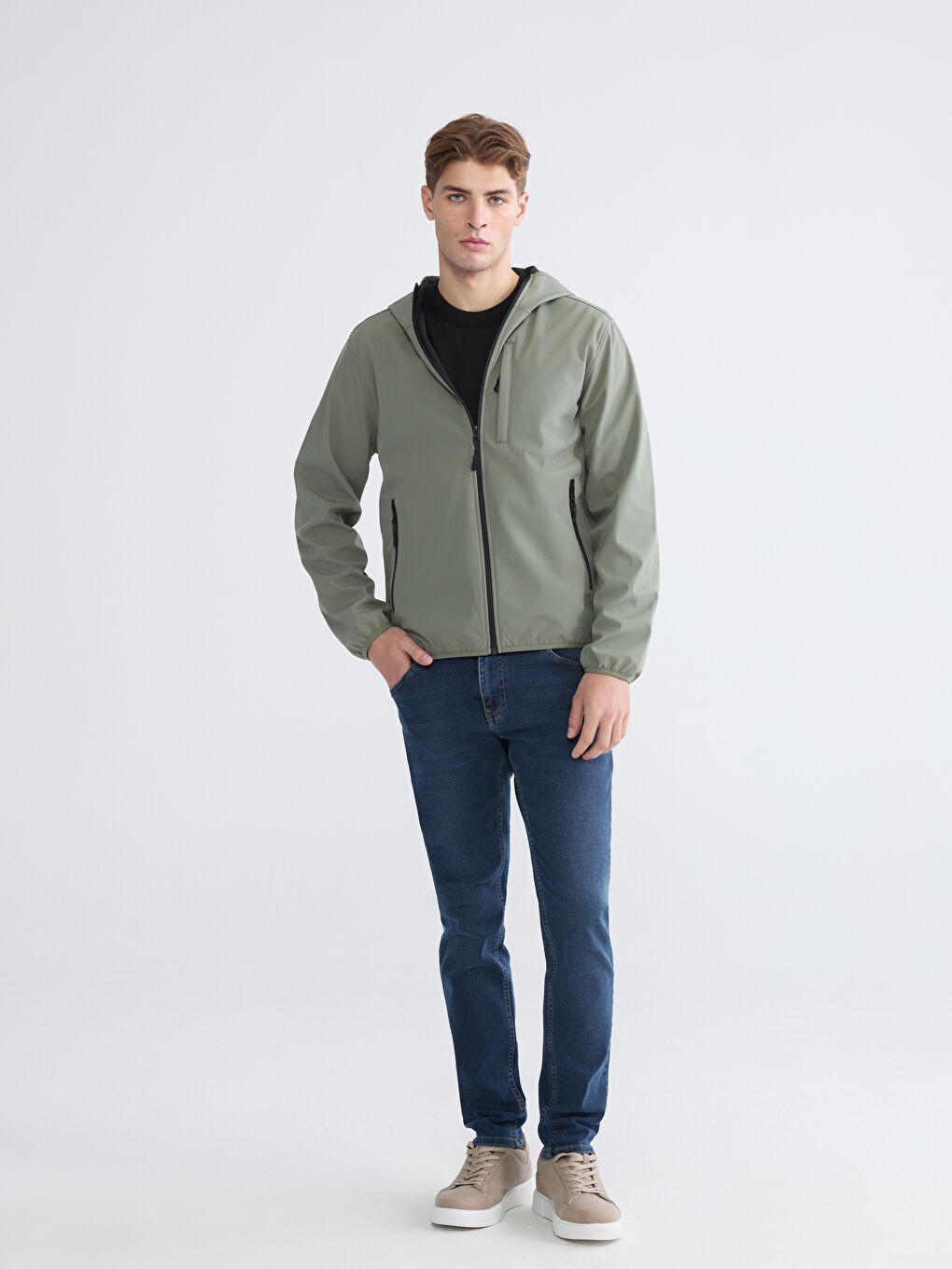 Haki Standart Kalıp Kapüşonlu Erkek Mont-1