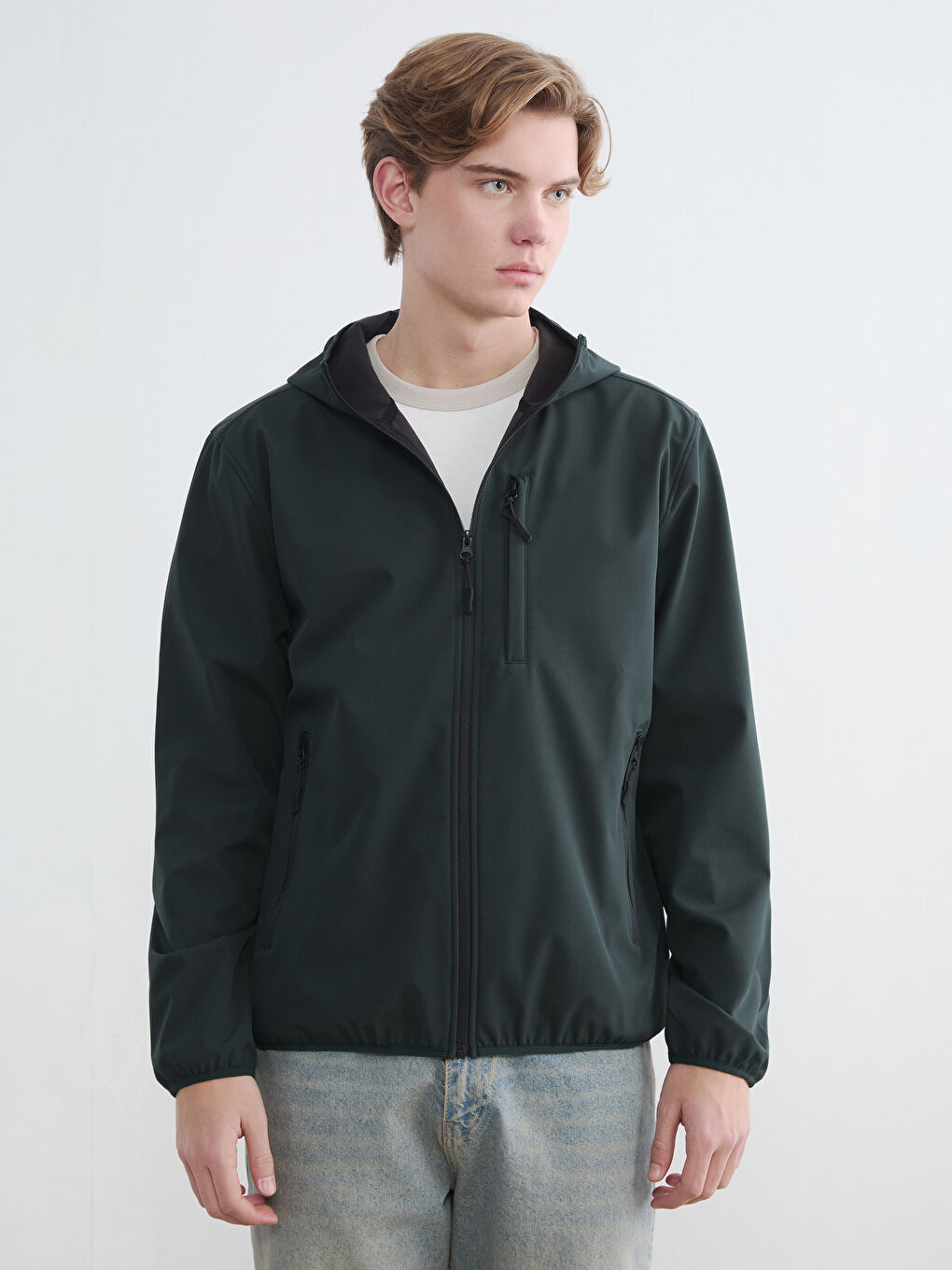 Yeşil Standart Kalıp Kapüşonlu Erkek Mont