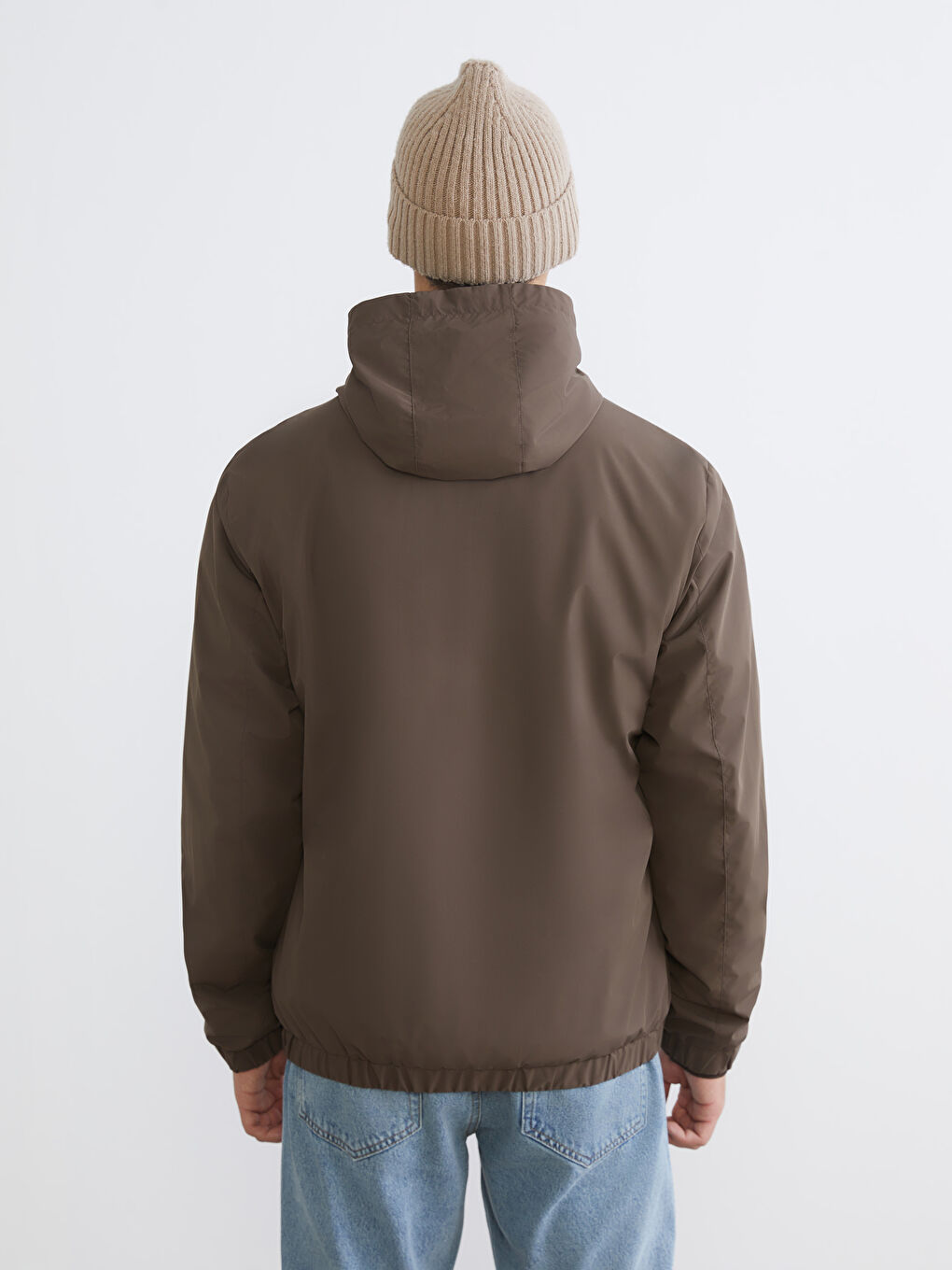 Kahverengi Standart Kalıp Kapüşonlu Erkek Yağmurluk-5
