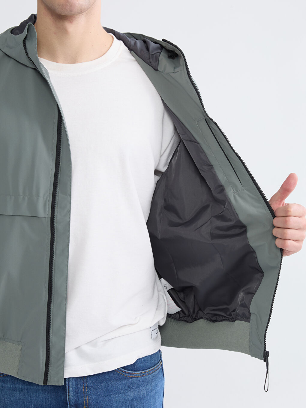 Haki Rahat Kalıp Kapüşonlu Erkek Yağmurluk-3