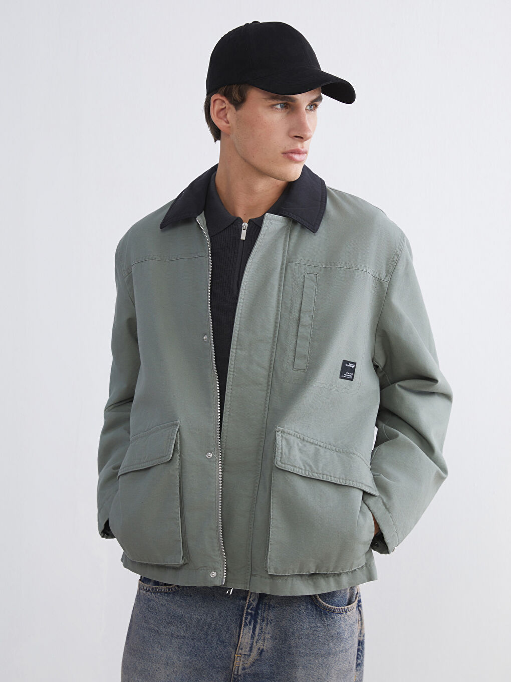 Yeşil Rahat Kalıp Kontrast Yaka Erkek Mont