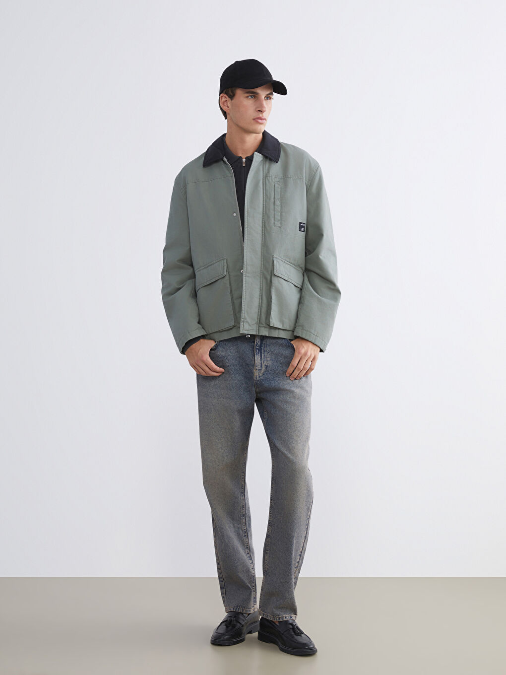 Yeşil Rahat Kalıp Kontrast Yaka Erkek Mont-1