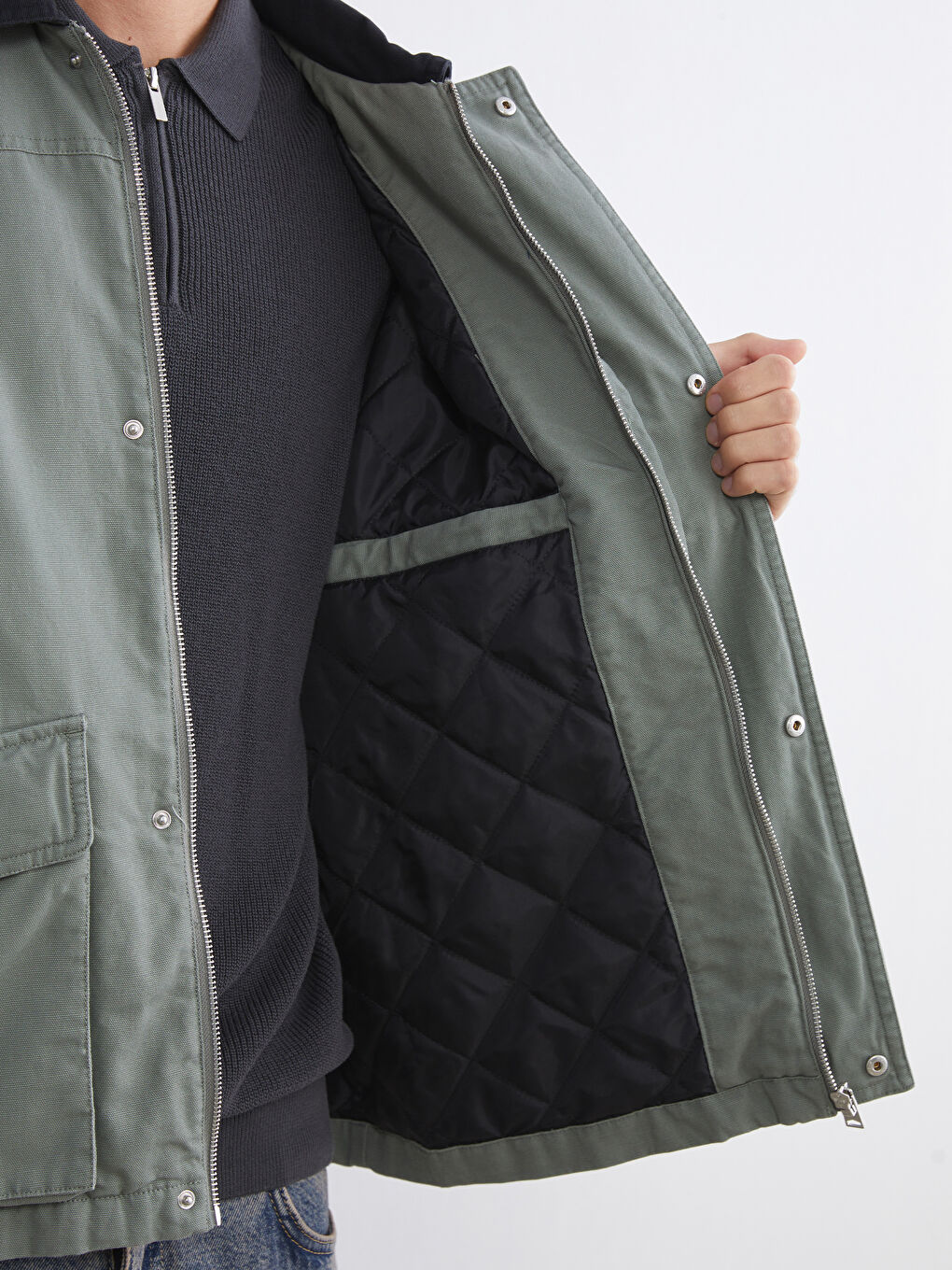 Yeşil Rahat Kalıp Kontrast Yaka Erkek Mont-3